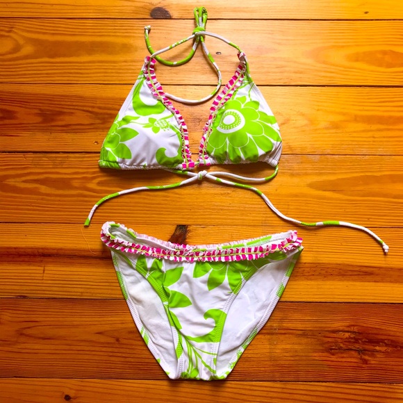 Malibu Green White Pink String Bikini, GUC, M